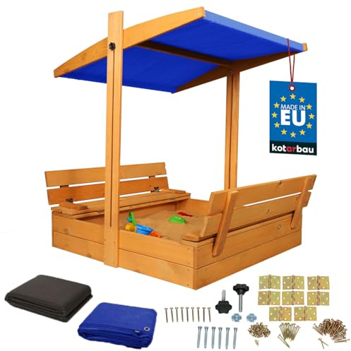 KOTARBAU® Arenero Infantil - Madera - 100 x 100 cm - Marrón - Arenero con Tapa - y Bancos - con Techo Azul - Protección Solar - Cajón de Arena - Zona de Arena Infantil
