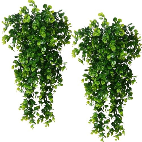 BEJAGWUS 2 Stück Künstliche Hängepflanzen Künstliche Pflanzen Wie Echt,Kunstpflanze Fake Efeu Eukalyptus Aesthetic Deko für Indoor Outdoor Balkon Schlafzimmer Badezimmer Terrassen Büro Wohnung (Grün)