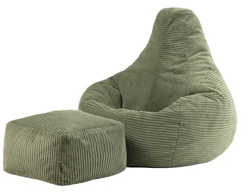 icon Dalton Cord Bean Bag Chair with Footstool, Sage Green, Large Adult Bean Bag with Filling Included, Comfy Chair, Living Room Furniture, Bedroom Furniture