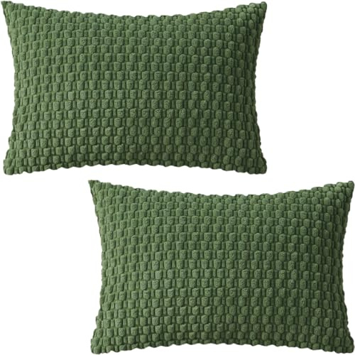 Decorative Corduroy Lumbar Cushion Covers 30x50cm Set of 2, Olive Green | Boho Soft Striped Throw Pillow Cases Modern Farmhouse Pillowcases for Sofa Couch Bed Home Decor, No Filling,Invisible Zipper