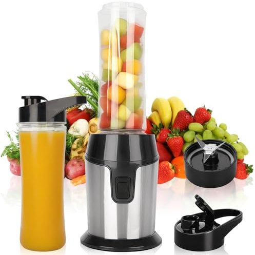 Mixer, Mini Standmixer, Smoothie Maker mit 2x600ml Flaschen BPA frei, Tragbarer Blender Mixer Smoothie Make, aus Edelstahl 4-Blatt, für Jede Art von Shake, Smoothi und Babynahrung