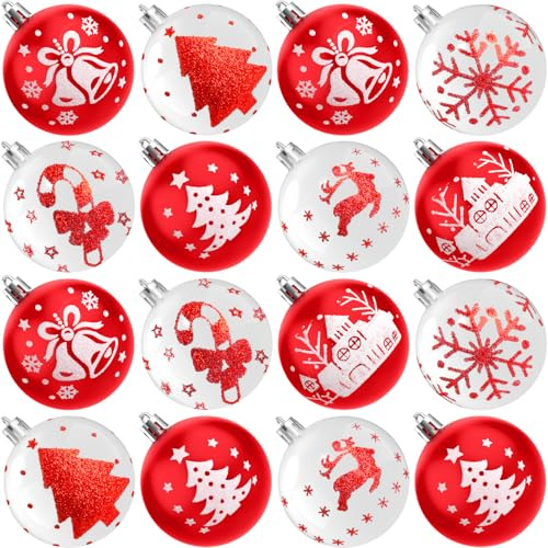 Boule de Decoration Noel, Coicok 16pcs Decoration Noel Sapin, Avec thème de Noël Boule Blanche et Rouge Boule de Noël Decoration Noel Interieur ou Extérieure Ornement de Sapin pour Noël Diamètre 60 mm
