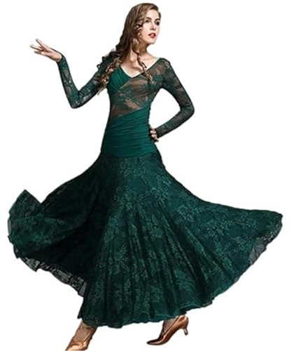Abito da Ballo da Sala per Donna Costumi Moderni in Pizzo da Donna, Standard Nazionale, Abiti Ballo for Valzer, Swing Grande, Competizione(Green,L)
