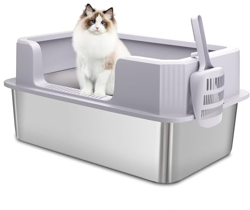 Stainless Steel Cat Litter Tray with High Detachable Enclosure, Large Metal Litter Tray with Litter Scoop for All Cats, Leak-Proof,Non Stick Surface, Easy to Clean, 50(L) x36(W) x 26(H) cm, Silver