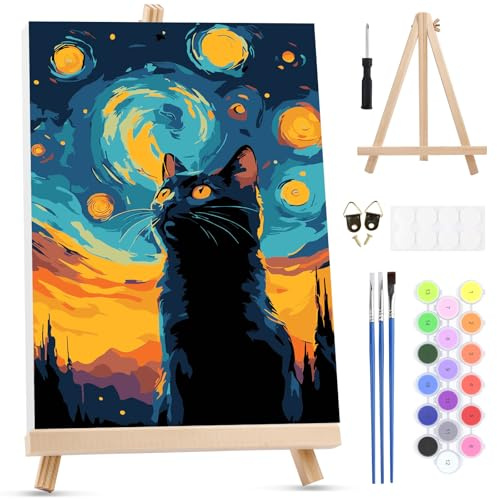 MXJSUA Stjärnor katt måla efter siffror vuxna med ram staffli, gör-det-själv-set vuxna med penslar och akrylfärger handmålad oljemålning duk för Home Décor, 20 x 30 cm
