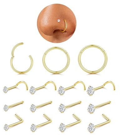 YADOCA 15 stycken näspiercing, guld, kirurgiskt stål, allergivänligt, näspiercing, guld, näsbult, zirkon, näsring, näsring, näsring, näsring, näsring, näsring, näsring, näsring, piercing, smycken, 18/