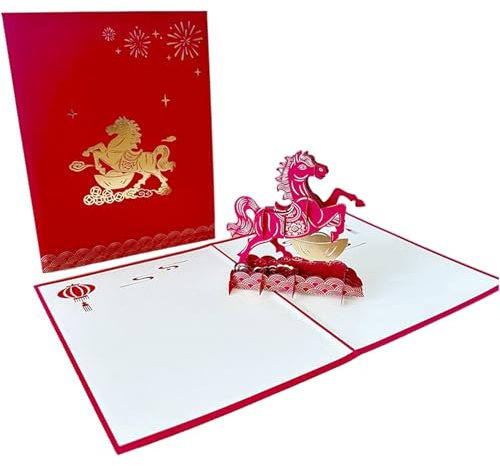 Tarjetas de Año Nuevo Chino 2026 con Caballos, Decoraciones de Año Nuevo Lunar, Lámina Dorada, Tarjetas de Felicitación en Blanco 3D para Mujeres, Hombres y Niños, 15x20 cm, Decoraciones Lunares