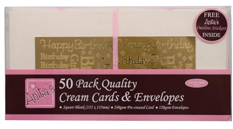 Anita's Square Plain, Blank Cards & Envelopes, 135x 135mm, Cream, Pack of 50, for Home, Wedding, Birthday, Christmas, Thank You, Art & Craft, Scrapbooking Supplies, Baby Shower, Card Making