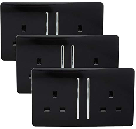 Trendi 2 Gang Artistic Modern Glossy 13 Amp Switched Tactile Plug Socket Piano Black (3 Pack)