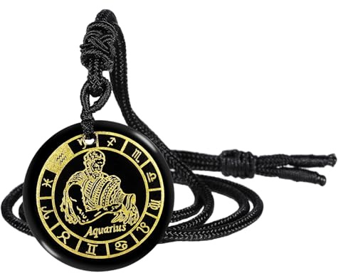 KYEYGWO Wassermann Runde Sternbild Anhänger mit Einstellbare Nylon Seil, Unisex Obsidian Sternzeichen Halskette Stein Amulett Segen Schmuck für Horoskop Astrologie