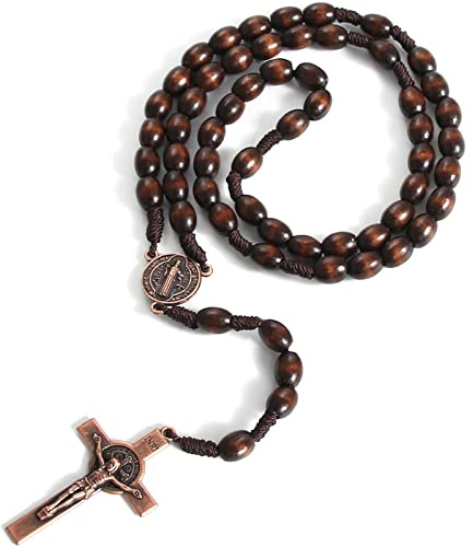 KOMI Handmade Wooden Rosary Beads Catholic Cross Necklace Olive Wood Prayer Bead Holy Catholic Rosaries for Men Religious Christian Gift