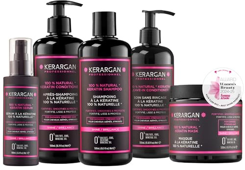 Kerargan - Ultra Reparerande Set Shampoo, Balsam, Mask, Serum & Leave-In med Keratin - Förnyar & Skyddar Skadat Hår - Utan Sulfat, GMO, Silikon - 3x500 ml + 100 ml + 350 ml
