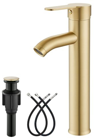 gotonovo Vessel Sink Faucet Modern Bathroom Faucet 1 Hole Deck Mount Lavatory Vanity Single Handle Mixer Tap with Water Supply Hoses and ABS Pop Up Drain Without Overflow, Brushed Gold