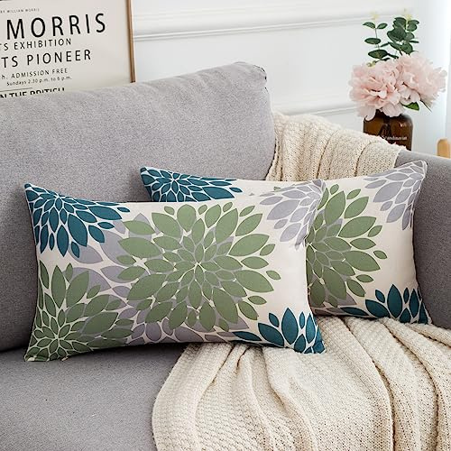 Federa per Cuscino 30x50 cm Set di 2 Federa Verde Acqua e Grigio Quadrata Floreale Astratta Dalia Moderna Copricuscini Decorazioni per la Casa in Lino per Soggiorno Giardino Esterno Balcone Giardino