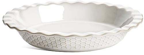 LE TAUCI Pie Pans for Baking 9 Inch, Ceramic Pie Plate for Apple Pie, Round Baking Dish Oven Safe, Embossment Housewarming Wedding Present - 36 OZ, Set of 1, Honey Comb, Arctic White