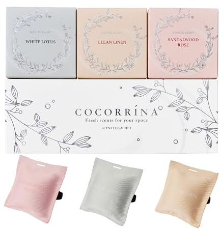 COCORRÍNA Sacchetti profumati per Armadio - Sandalo Rosa/Lino Pulito/Loto Bianco, profumo per auto cassetti e armadi (3 pezzi)