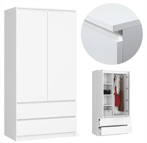 BDW Armoire à 2 portes, 4 étagères, portant, 2 tiroirs, portemanteau, tiroir, armoire pour chambre à coucher, salon, 180 x 90 x 51 cm, blanc