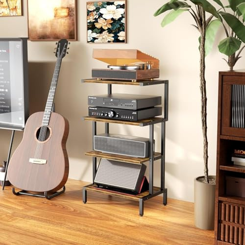 Aquzee HIFI Stand, 4-Tier Record Player Stand, Small Stereo Unit Cabinet, Consoles Shelving with Storage, Media Corner Shelf, Under TV Shelving for Routers TV Accessories, Video Game Organiser Stand