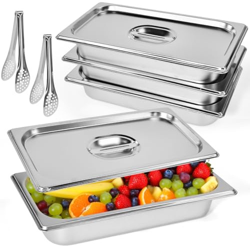 VGECEE Plat Four Rectangulaire avec Couvercles Plat Four Inox Plats Rectangulaire, 32,5x17,5x6,5cm Récipient Gastronorme avec Couvercle Bac Inox avec Couvercle avec Pinces à Paner pour Escalopes