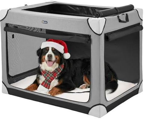Veehoo Large Dog Crate for Indoor Outdoor, Portable Collapsible Travel Dogs Crate, 42 Inch Soft Foldable Pet Kennel with 4-Door Mesh Windows