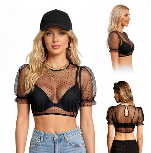Elegante Blusa de Manga abullonada con Estampado de Malla, Blusa Dirndl Transparente con Puntos, Tradicional Blusas Transparente con Puntos, para Oktoberfest y Ocasiones Festivas bávaras