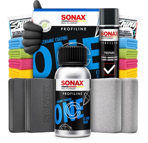 Keramikversiegelung Set: SONAX PROFILINE CeramicCoating CC ONE 40ml + Prepare 400ml + Zubehör Langzeitschutz bis zu 3 Jahre Lackversiegelung für intensivere Farben und maximale Oberflächenglätte