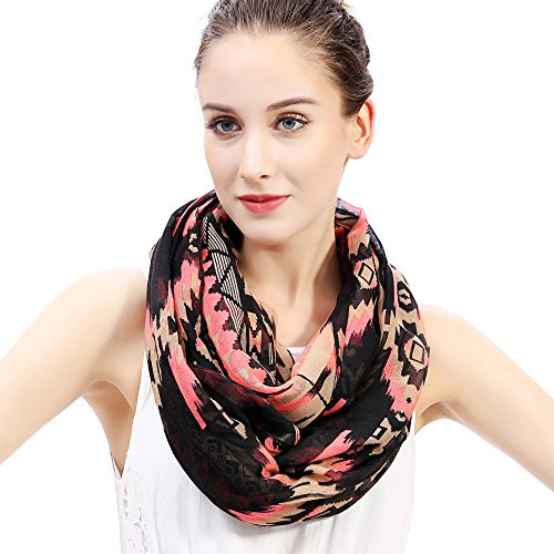 Lina & Lily Ethnic Aztec Tribal Geometric Print Women's Infinity Scarf Snood Lightweight (Neon Pink, Beige, Black)
