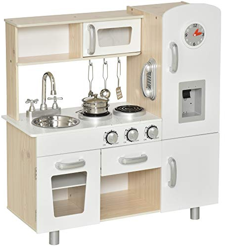 HOMCOM Play Kitchen, Kids Kitchen Playset Toy with Microwave, Ice Maker, Cooking Stoves, Sink, for Boys Girls Ages 3+ Years, White