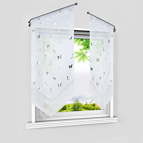 HeichkelL Lot de 2 panneaux brise-bise avec papillon argenté - Rideaux brise-bise - Double couche - Court - Rideau de cuisine moderne avec gland - Blanc - LxH 60x120 cm