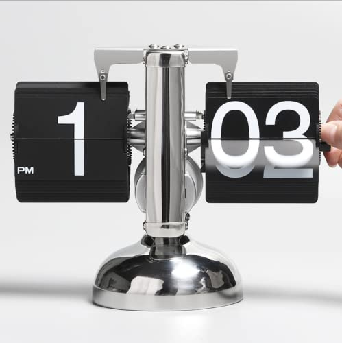 Retro Style Flip Desk Shelf Clock, Internal Gear Operated, Classic Mechanical, Battery Powered, Tabletop Mounted, for Home & Office Decoration, Gift for Family and Friends, Black (BDL902)