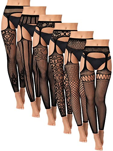 Bencailor 6 Pairs Fishnet Stockings for Women Footless Tights High Waist Suspender Pantyhose Garter Belt Leggings for Halloween(Stripe)