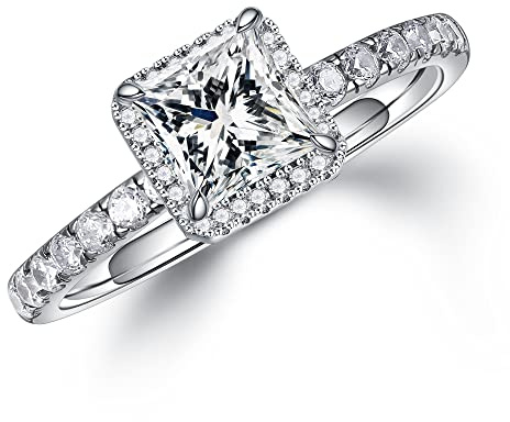 MOOSEA Bague halo princesse moissanite pour femme, 1,5 ct couleur D pureté VVS1 créée en laboratoire, moissanite créée en laboratoire, bague d'anniversaire à 4 griffes, cadeau pour femme, 7.5#, Argent
