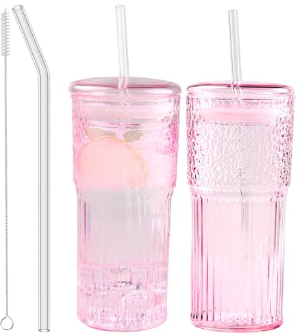 Glass Coffee Cups with Lids and Straws, 20 OZ Pink Iced Water Glasses Tumblers for Ice Juice, Tea, Milk, Smoothie and Cold or Hot Drinks, Set of 2
