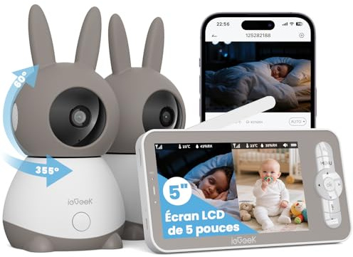 ieGeek Baby Monitor Video e Audio 2K con 2 Fotocamere, 5'' Telecamera Bambini con Schermo Diviso Supporto Controllo Tramite APP Mobile & Monitor, 3 Tipi di Rilevamento Intelligente