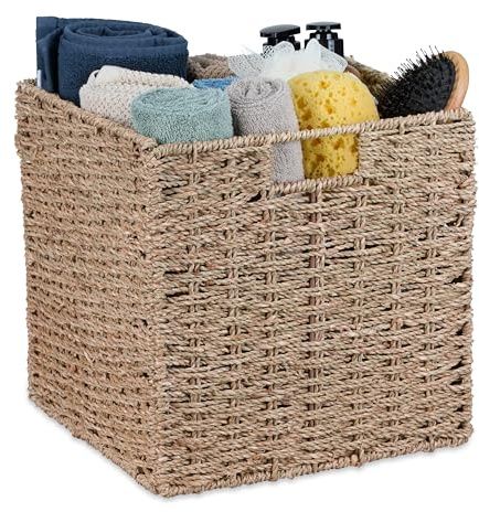 Relaxdays Cesto Intrecciato Portaoggetti in Seagrass, HLP: 30x30x30 cm, Scatola da Scaffale Cubo, Stile Vimini, Naturale
