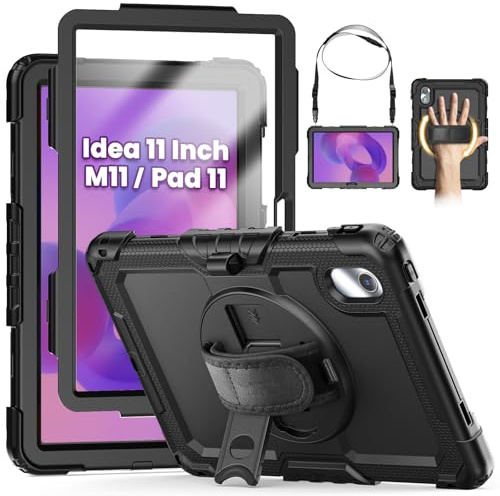 SEYMCY for Lenovo Idea Tab 11 / M11 Case 11 Inch 2025/2024 | Full-Body Shockproof with Screen Protector, 360° Rotating Stand & Hand Strap, Shoulder Strap, Pen Holder, Black
