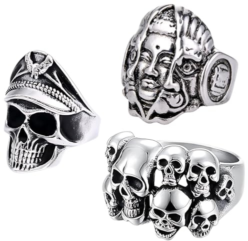 Reccisokz 3-Piece Men's Gothic Skull Rings - Adjustable, Stainless Steel, Black
