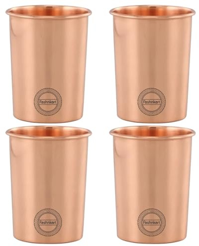 Fashnkart Verres en cuivre pur Eau potable Santé ayurvédique Gobelets en cuivre pur 10,14 oz 300 ml (uni) (4 Pcs)