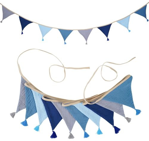 LUMOOM Ghirlanda di bandierine per camera, 2,6 m, decorative, tessuto mussola cotone, blu e grigio