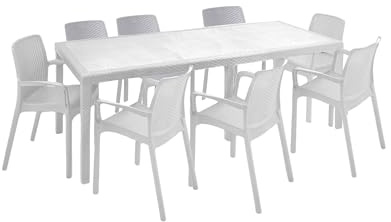 Dmora - Set Salotto da Esterno Manarola, Salottino Outdoor, Tavolo Rettangolare allungabile con 8 sedie con braccioli, Made in Italy, Bianco