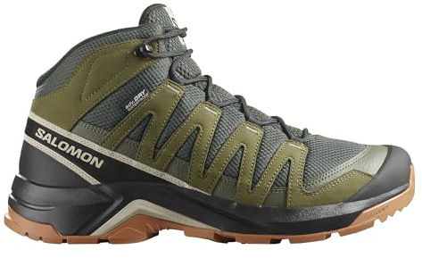 Salomon Men's X-Adventure Recon Mid Gore-Tex Hiking Shoe, Waterproof Stability for Rugged Hiking Trails & All-Weather Trekking - Peat/Martini Olive/Oxford Tan - 10 Medium