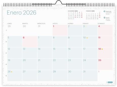 Miquelrius - Calendario 2026 da parete Lovely, organizer annuale A3: 420 x 296 mm, spazio per segnare, planner 12 mesi, doppia spirale, spagnolo, con adesivi, colori pastello