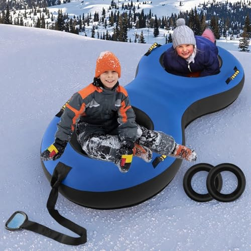Luge gonflable pour 2 personnes avec poignée - 200 cm de long - Avec coussin d'assise - Pompe à pneu - Pour l'hiver - Pour enfants et adultes - Charge maximale : 400 kg