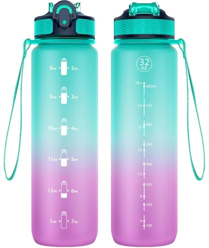 NAVTUE Water Bottle, 1L Sports Water Bottle with Straw, Time Markings, Tritan BPA free, Leakproof Drinks Bottle for School, Cycling, Running (GreenPurple)