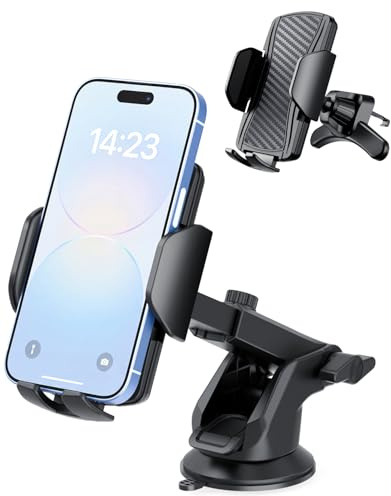 Hoppac Supporto Telefono Auto 2 in 1, Ventosa e Bocchetta, Rotazione 360° | Per cruscotto, parabrezza o bocchetta, compatibile con tutti gli smartphone, uso con una mano e spazio per il cavo