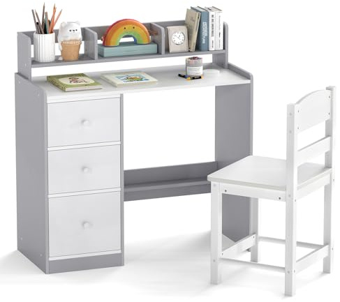 COSTWAY Kids Desk and Chair Set, Wooden Student Study Table with 3 Drawers, Hutch & Storage Shelf, Children Writing Table Chair Set for for Boys Girls (Grey+White)
