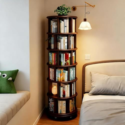 Tour d'étagères rotative en bois de 6 étages avec roues, étagères rotatives à 360° pour adultes et enfants, chambre à coucher, salon, bureau, coin, étagères rotatives naturelles (Couleur noyer)
