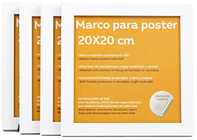 Nacnic - Pack 4 Marcos de Madera MDF Blanco y Vidrio Acrílico | Protección y Expositor de Fotografías, Láminas, Pósters, Cuadros y Decoración para Salón, Dormitorio u Oficina | 20x20 cm