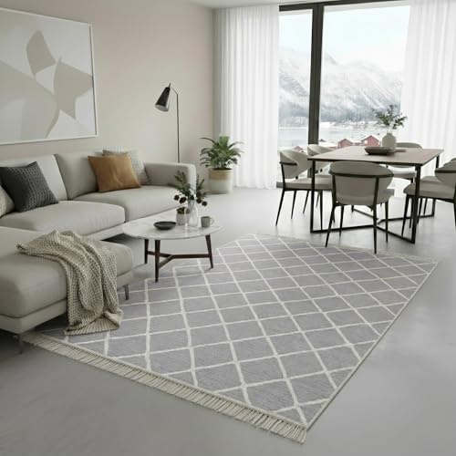 Jimri Alfombra de Pasillo - alfombras para salón, Dormitorio, Cocina, habitación Infantil, baño - Alfombra Boho Kelim - Rayas Gris Claro Blanco, 120 x 170 cm