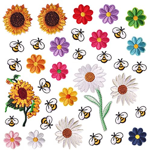 Yayatty 36 Stück Sonnenblume Applikation Blumen Schmetterlinge Bügelflicken Patches zum Aufbügeln, Gestickten Aufnäher für T-Shirt Jeans Taschen Kleidung